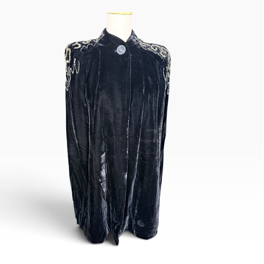 Vintage 1930s 40s Black Velvet Cape Metallic Embellished Padded Shoulders